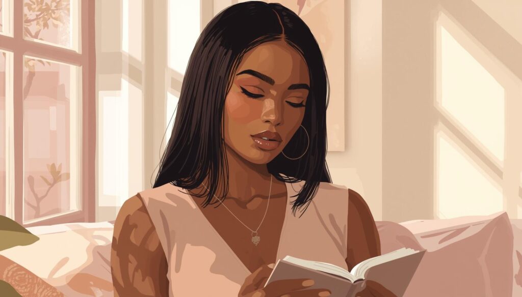 Black woman with straight hair journaling in a calm, softly lit space representing soft realignment, intentional living, and emotional wellness in 2026