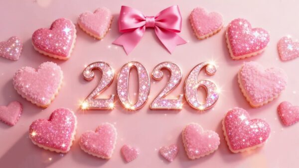 Valentine’s Day 2026 graphic with pink heart cookies, glitter accents, and a soft feminine aesthetic celebrating self love and intentional living from Glow Beauty Journal.