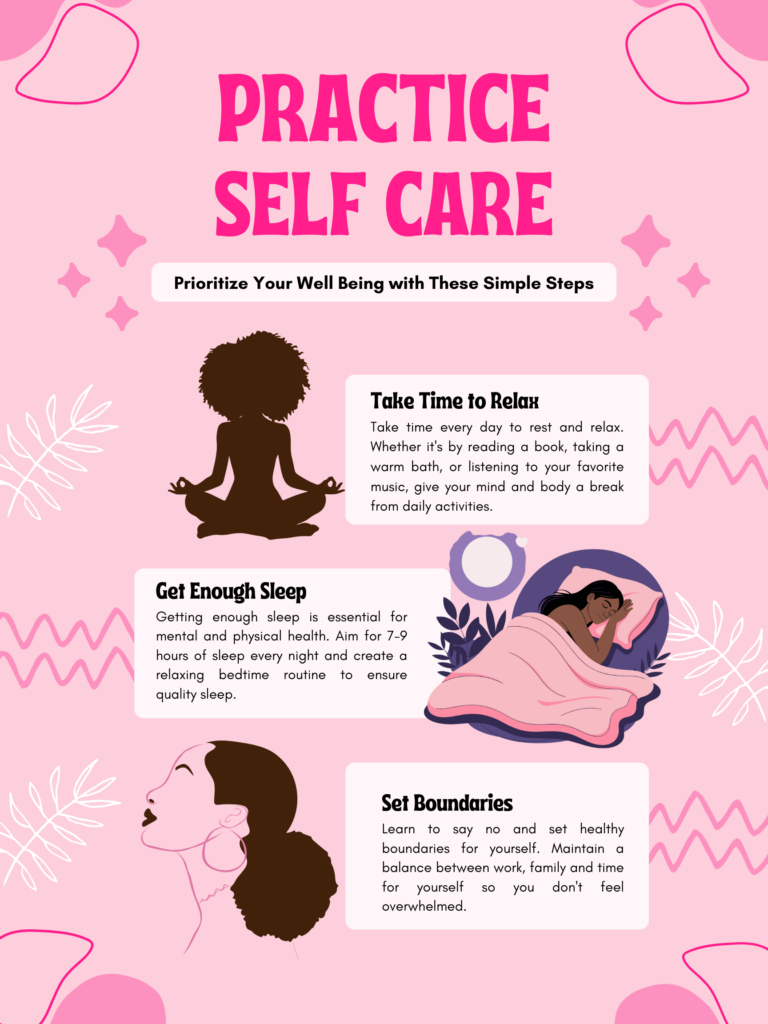 Practice self care poster illustrating gentle routines for relaxation, sleep, and emotional balance with calming pink tones