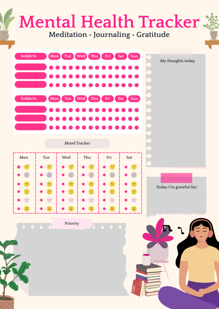 Mental health tracker worksheet with sections for mood tracking, emotional check ins, stress levels, and daily reflections in a calm minimalist layout