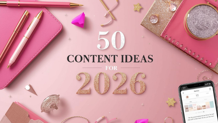 Pink flatlay featuring a feminine content planner aesthetic with notebooks, pens, beauty details, and the text “50 content ideas for 2026,” representing social media and blog planning inspiration.