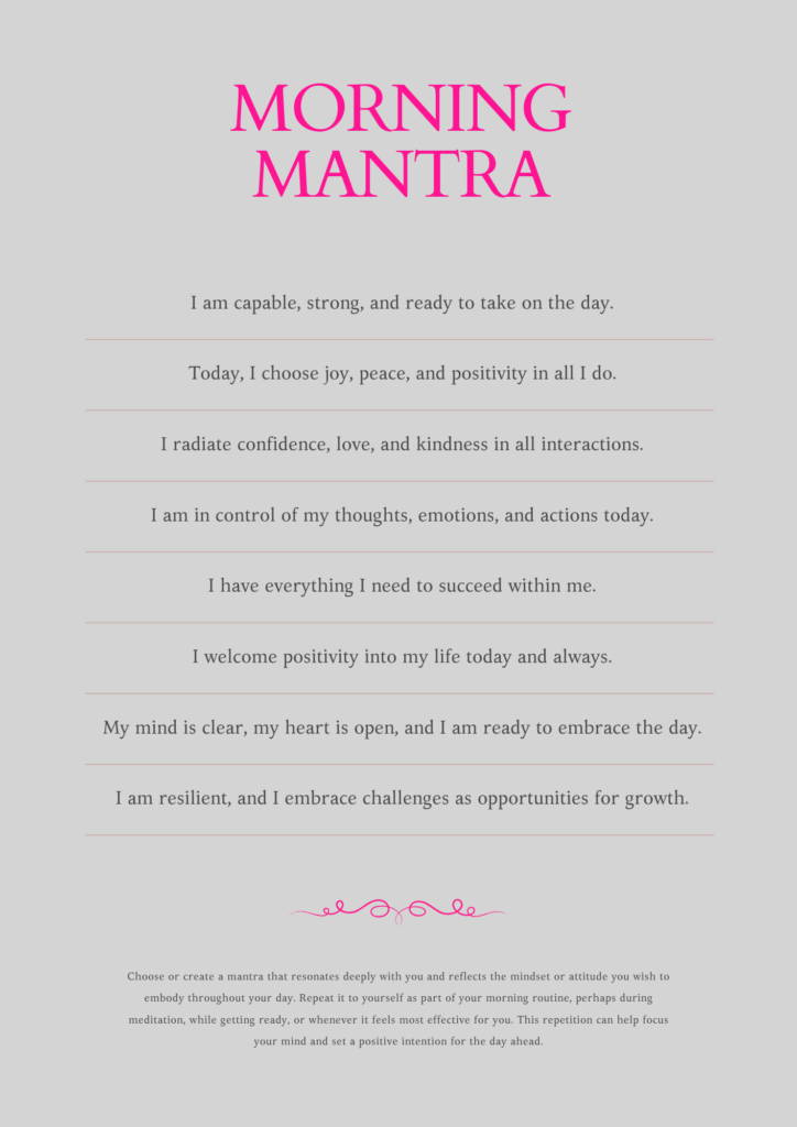 Minimalist morning mantra worksheet designed to support calm, emotional grounding, and intentional daily reflection